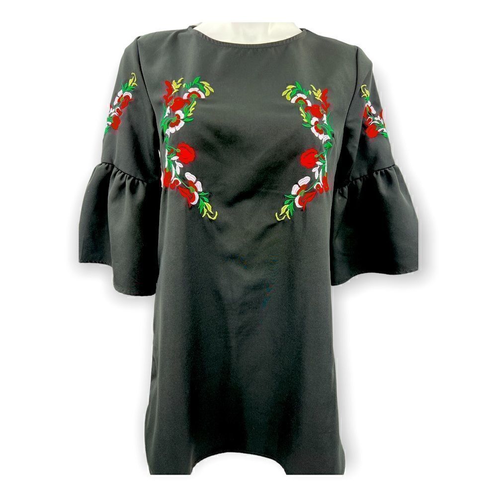 Women’s small black embroidered bell sleeve dress